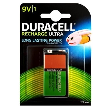 Duracell 9 V 170 mAh HR9V įkraunamas elementas, 1 vnt. Duracell 9 V 170 mAh HR9V įkraunamas elementas, 1 vnt.