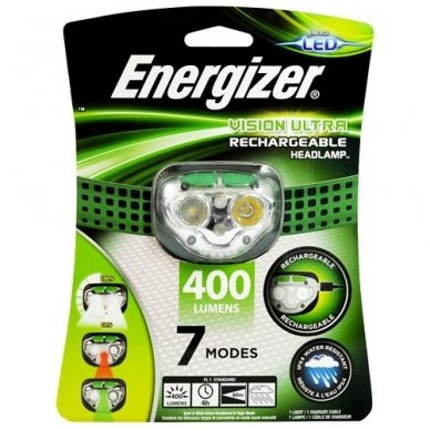 Energizer įkraunamas prožektorius ant galvos Vision Ultra 400 Lumens Energizer įkraunamas prožektorius ant galvos Vision Ultra 400 Lumens
