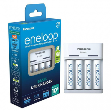 Panasonic Eneloop Basic USB įkroviklis BQ-CC61 su 4 AA elementais Panasonic Eneloop Basic USB įkroviklis BQ-CC61 su 4 AA elementais