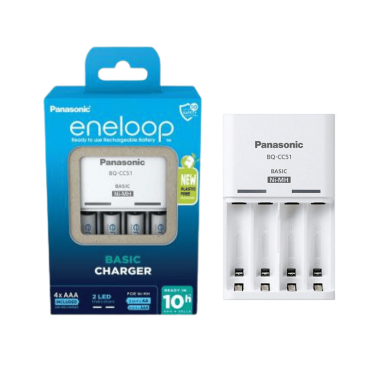 Panasonic Eneloop Basic elementų įkroviklis BQ-CC51 + 4 AAA baterijos Panasonic Eneloop Basic elementų įkroviklis BQ-CC51 + 4 AAA baterijos