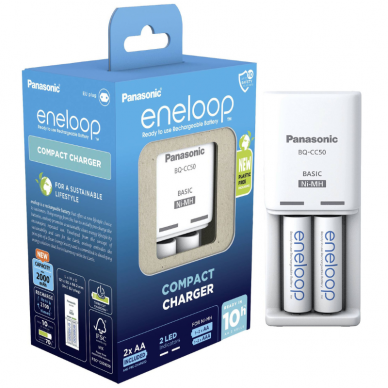 Panasonic Eneloop Compact įkroviklis BQ-CC50 su 2 AA baterijomis Panasonic Eneloop Compact įkroviklis BQ-CC50 su 2 AA baterijomis
