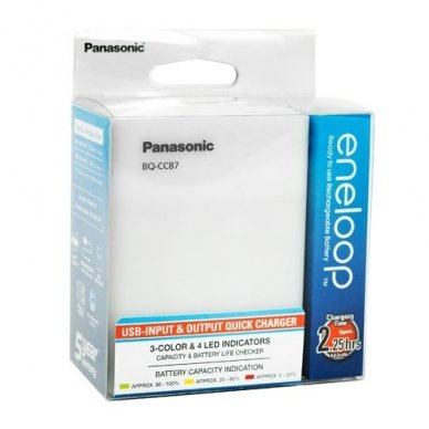 Panasonic Eneloop įkroviklis BQ-CC87 su USB maitinimo laidu Panasonic Eneloop įkroviklis BQ-CC87 su USB maitinimo laidu