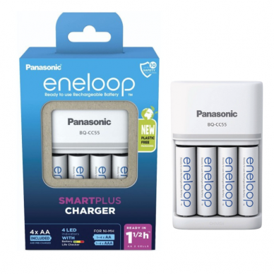 Panasonic Eneloop Smartplus elementų įkroviklis BQ-CC55 + 4 AA baterijos Panasonic Eneloop Smartplus elementų įkroviklis BQ-CC55 + 4 AA baterijos