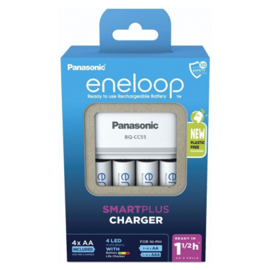Panasonic Eneloop Smartplus elementų įkroviklis BQ-CC55 + 4 AA baterijos 2 Panasonic Eneloop Smartplus elementų įkroviklis BQ-CC55 + 4 AA baterijos 2
