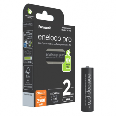 Panasonic Eneloop Pro AA 2500 mAh BK-3HCDE/2BE elementai, 2 vnt. 1 Panasonic Eneloop Pro AA 2500 mAh BK-3HCDE/2BE elementai, 2 vnt. 1
