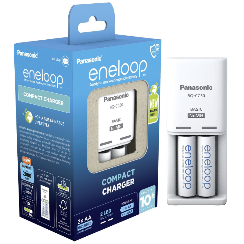 Panasonic Eneloop Compact įkroviklis BQ-CC50 su 2 AA baterijomis Panasonic Eneloop Compact įkroviklis BQ-CC50 su 2 AA baterijomis