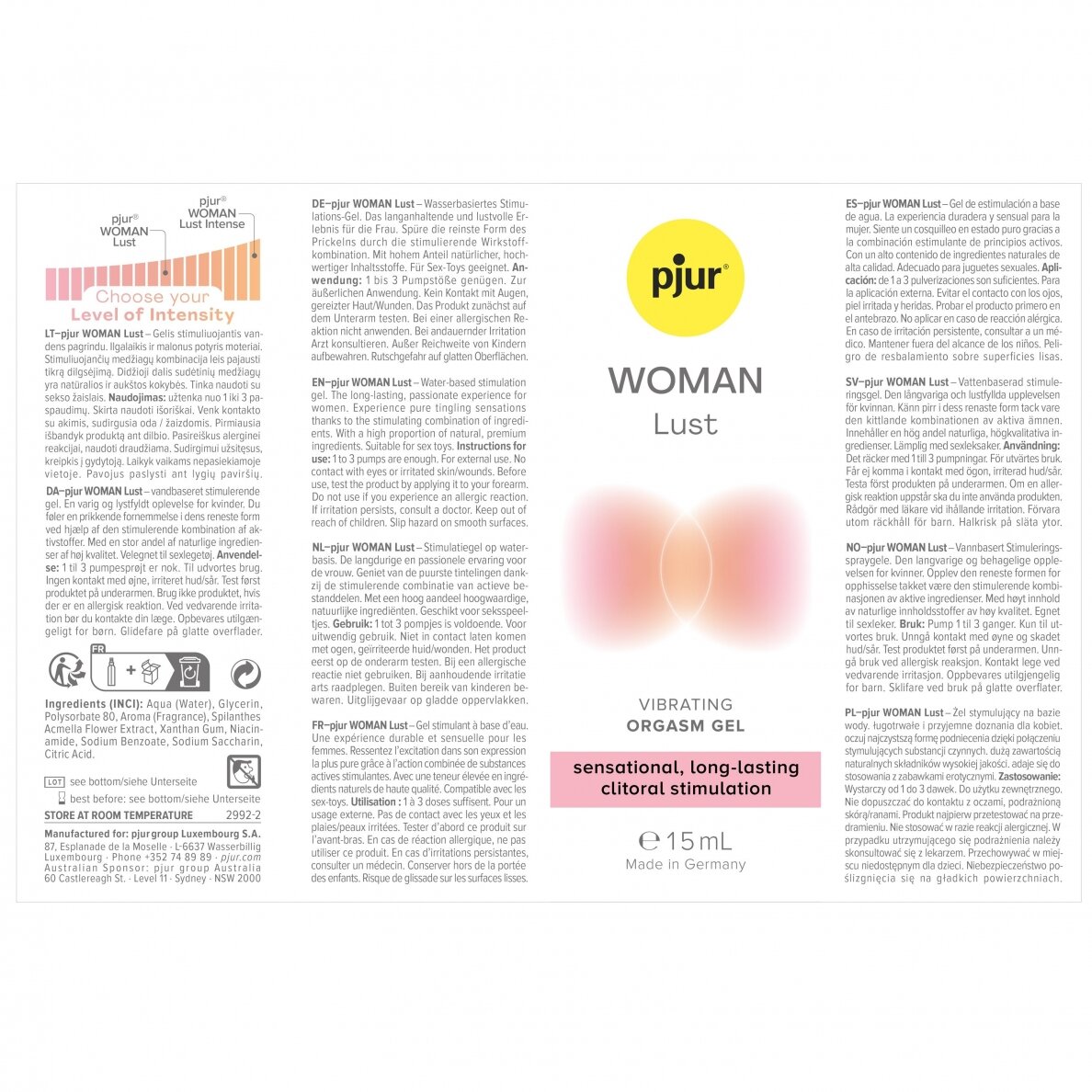 pjur WOMAN Lust Intense orgazmo gelis moterims 15 ml 1